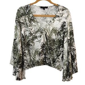 SANCTUARY Size Large Wrap Top Gilligan Tiki Palm Pattern Bell Sleeves 0046
